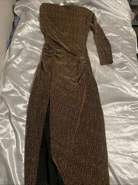 Metallic Bronze Long-Sleeve Midi Dress with Twist Waist
